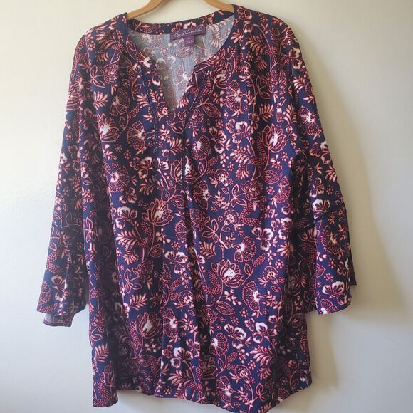 Gloria Vanderbilt Womens Blouse Size XL Blue Floral V Neck 3/4 Sleeve Batik Boho - Picture 1 of 12